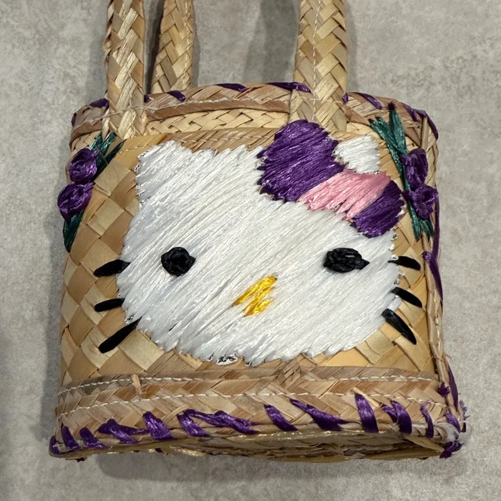 Hello Kitty Woven Straw Mini Tote Bag Sanrio Style Basket Purse Kawaii Summer - Picture 2 of 7